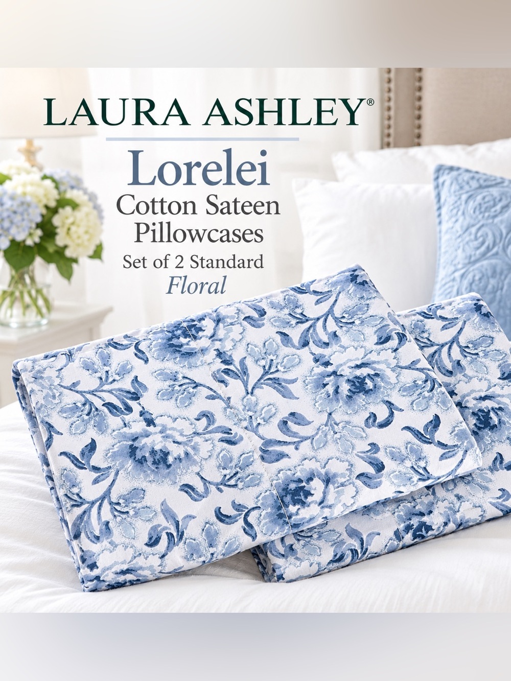 Laura Ashley Lorelei Blue Cotton Sateen Pillowcases Set 2 Standard Floral NIB